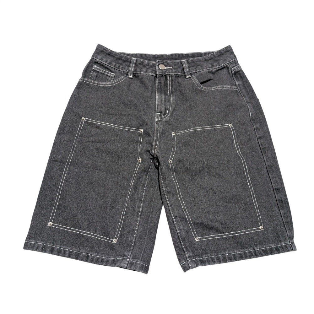 NVFelix Womens Black Denim Carpenter Shorts Contrast Stitch Streetwear Size S 30